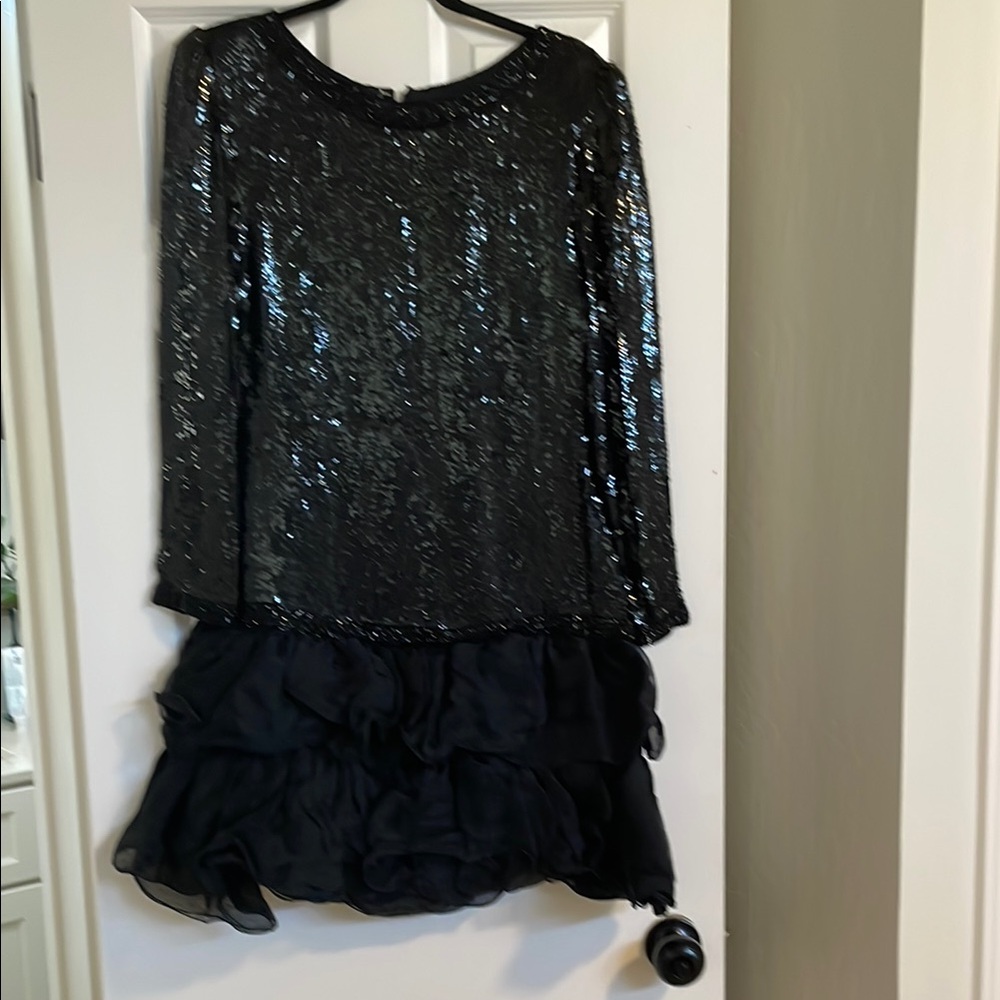Vintage Drop Waste Black Sequin Ruffled Mini Dress